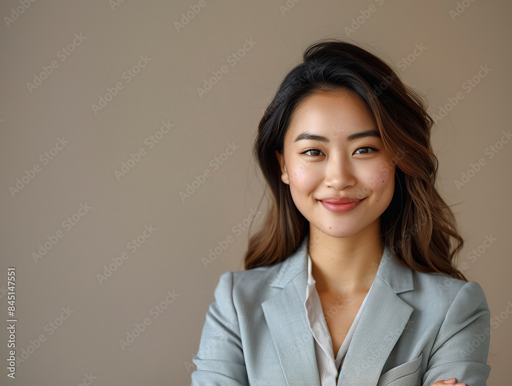 Studio portrait of a confident Asian businesswoman in a light gray suit, generative ai Studio portrait of a confident Asian businesswoman in a light gray suit, generative ai