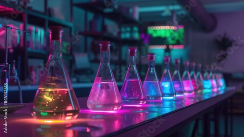 Science lab with colorful luminescent orbs front view beakers filled with liquid dark room futuristic