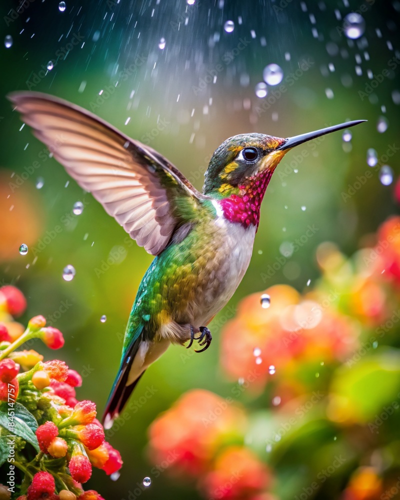 Obraz premium Ultra hd macro Colorful humming bird are flying near flowers and pecking at water droplets falling from beautiful wild flowers pollen.