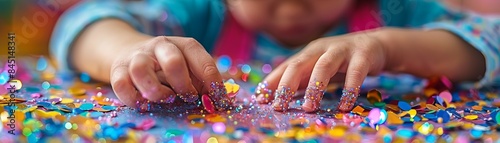 Child's hands sorting colorful confetti on a table, showcasing creativity and play. Perfect for playful, creative, and artistic concepts.