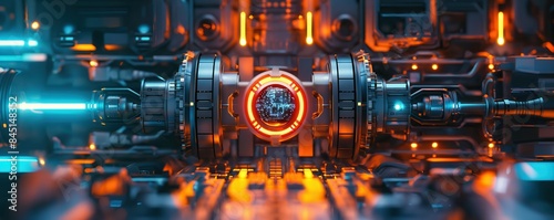 Detailed metallic mechanism front view futuristic design with orange and blue lights technology innovation sci-fi