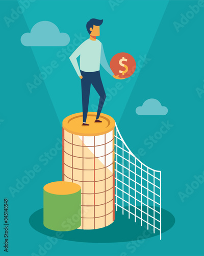 An image of a person standing on a stack of coins with a safety net below them labeled as their emergency fund.. Vector illustration