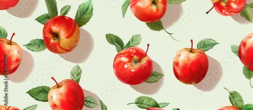 Vibrant design featuring fresh red apples in a colorful fruit pattern against a light green backdrop