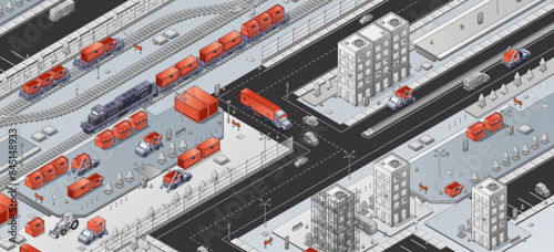 Isometric transport system in city. Vector illustration of train on railroad, truck, car, bus, tractor on urban roads, modern high-rise buildings, freight delivery logistic for goods export and import