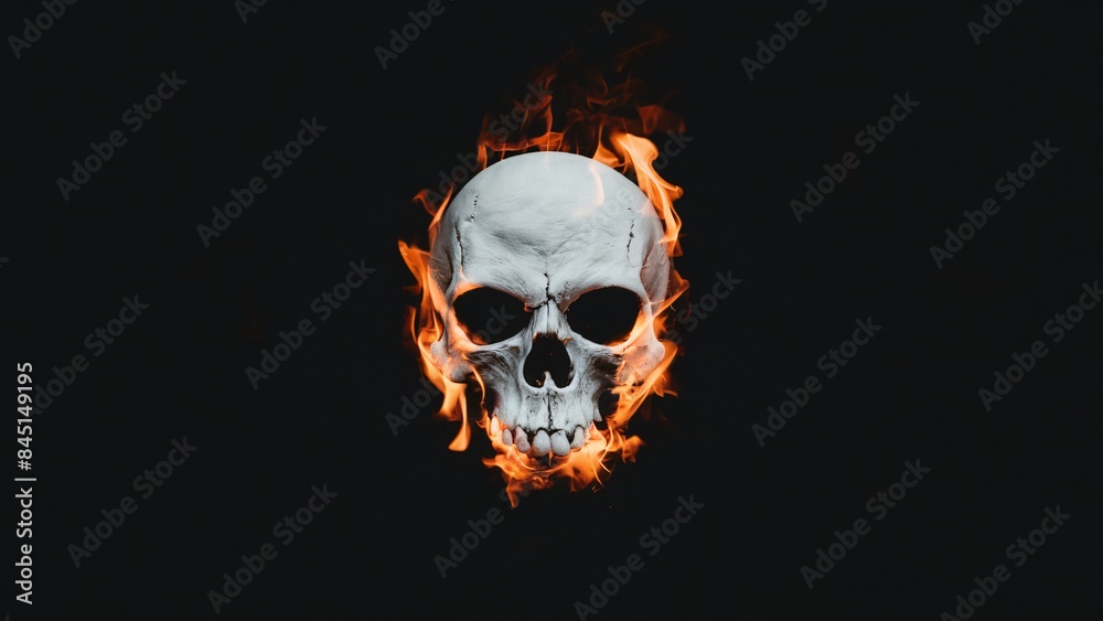 Scary white skull engulfed in flames in the midst of a dark black background. Scary white skull engulfed in flames in the midst of a dark black background.