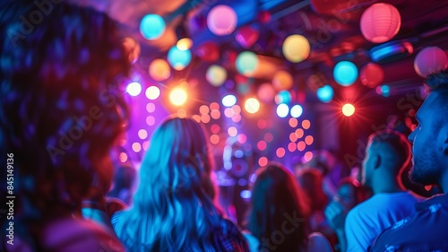 Crowd enjoying live music at a vibrant concert venue with colorful lighting and festive atmosphere, people mingling and absorbing the lively vibes. © NEW