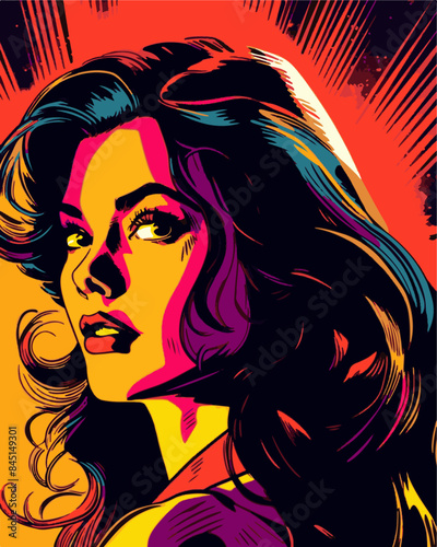 pop art, girl, vector art, comic shading, colorful, neon highlights, high contrast, illustration, background glow