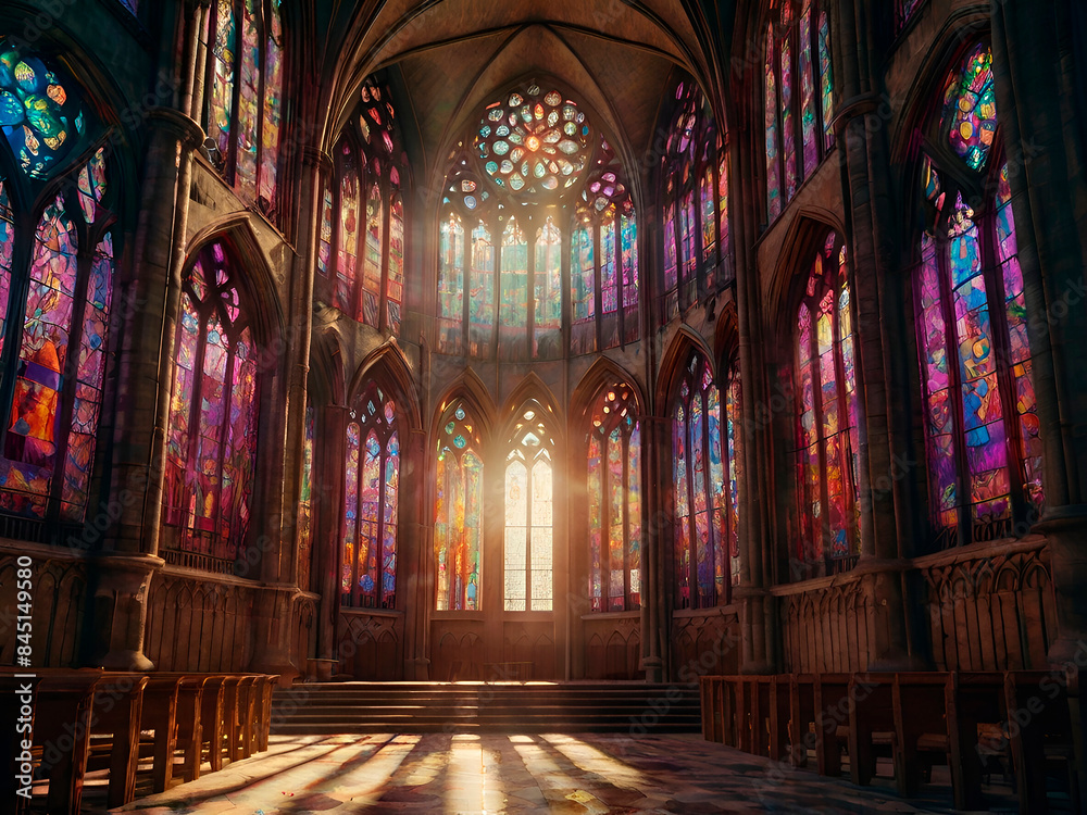 Fototapeta premium Sunlight streaming through a gothic cathedral on the solstice with detailed stained glass.