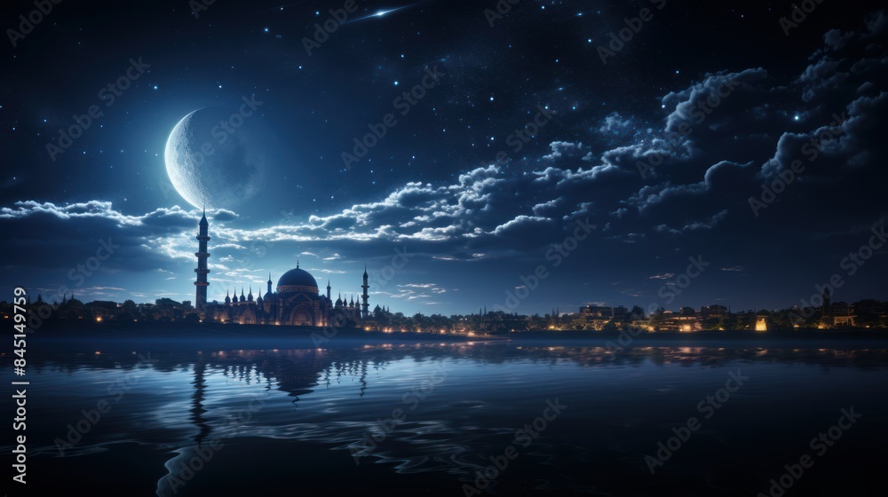 Intricate mosque building with a crescent moon and architecture at night Intricate mosque building with a crescent moon and architecture at night