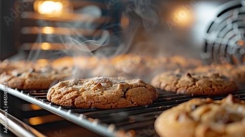 Freshly baked chocolate chip cookies on oven rack with steam rising, captured in a warm and inviting kitchen setting. photo