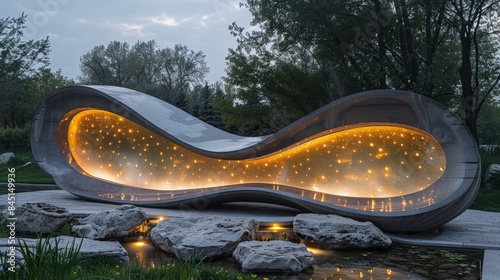 Ethereal Glow: Futuristic Luminescent Sculpture Illuminated in Serene Evening Light photo