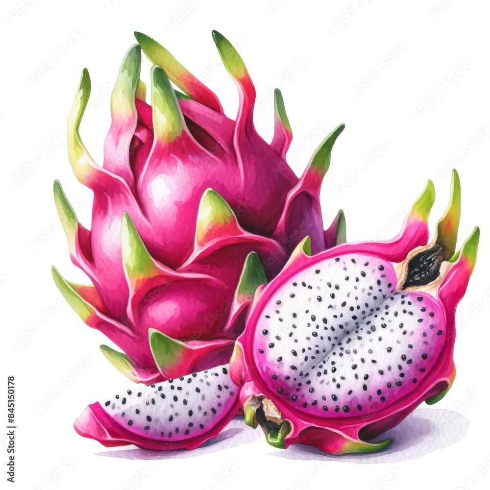 Watercolor illustration of fresh dragon fruits with vibrant pink skin and white flesh speckled with black seeds. The fruit is depicted on a white background, highlighting its vibrant colors and uniqu Watercolor illustration of fresh dragon fruits with vibrant pink skin and white flesh speckled with black seeds. The fruit is depicted on a white background, highlighting its vibrant colors and uniqu