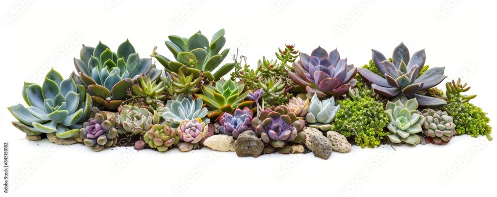 Fototapeta premium A beautifully arranged rooftop succulent garden featuring a diverse collection of drought-resistant plants in various shapes and sizes, thriving in a serene urban setting