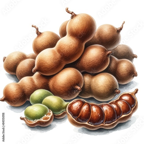 Watercolor illustration of fresh tamarinds with their hard shells, green seeds, and brown pulp exposed. The fruit is depicted on a white background, highlighting its unique shape and textures.