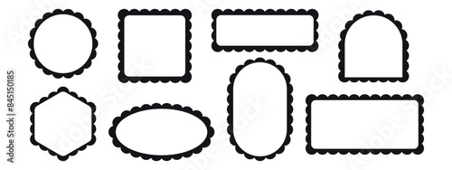 Set of rectangular scalloped and wavy frame. Pop vintage groovy border. Vector illustration on white background