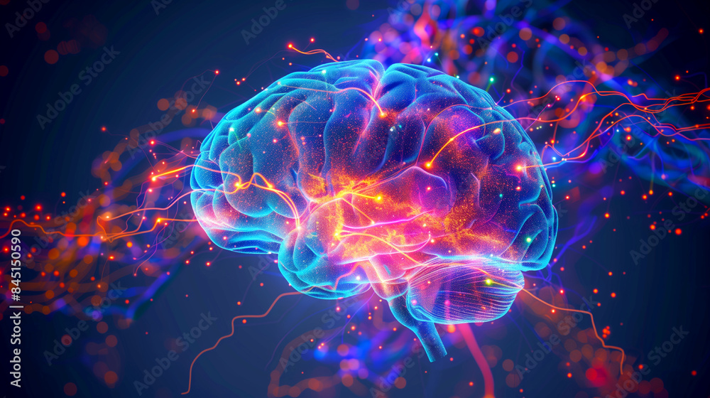 Futuristic glowing low polygonal colorful human brain with emphasized parts isolated on dark blue background. Modern wireframe mesh design vector illustration Futuristic glowing low polygonal colorful human brain with emphasized parts isolated on dark blue background. Modern wireframe mesh design vector illustration