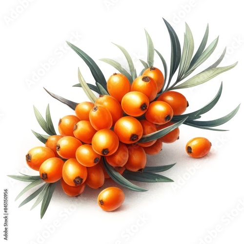A branch of sea buckthorn with vibrant orange berries and green leaves is illustrated in watercolor, highlighting the cluster of berries and their bright, fresh appearance.