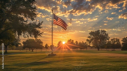 American Flag at Sunrise on a Golf Course, Patriotic Scene with Sunlight, Trees, and Clouds.