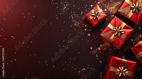 Stylish Christmas banner featuring red gift boxes with gold bows on modern background