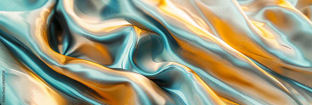 Obraz premium close up of satin fabric in light blue and gold, generative AI