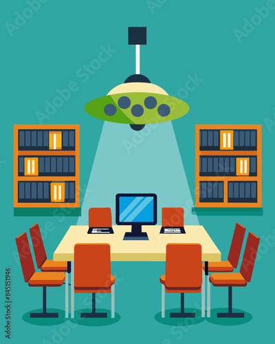 The librarys conference room equipped with solarpowered projectors and audio systems perfect for hosting environmentallyfriendly meetings and presentations.. Vector illustration