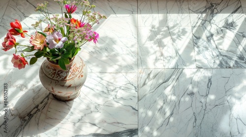 Marble floor displaying a vase of flowers