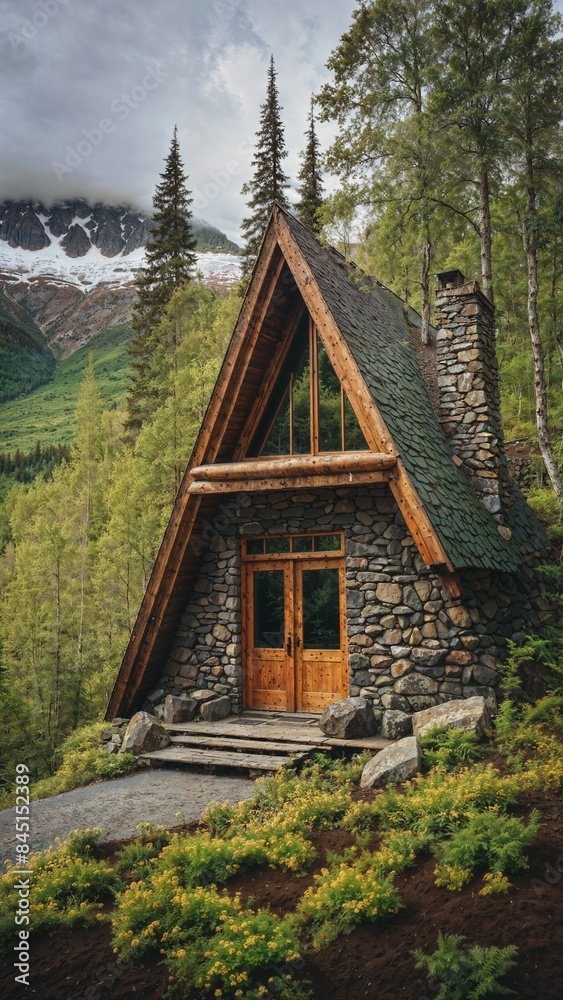 A modern triangular-shaped forest cabin in Alaska, visualized from a real source. A modern triangular-shaped forest cabin in Alaska, visualized from a real source.
