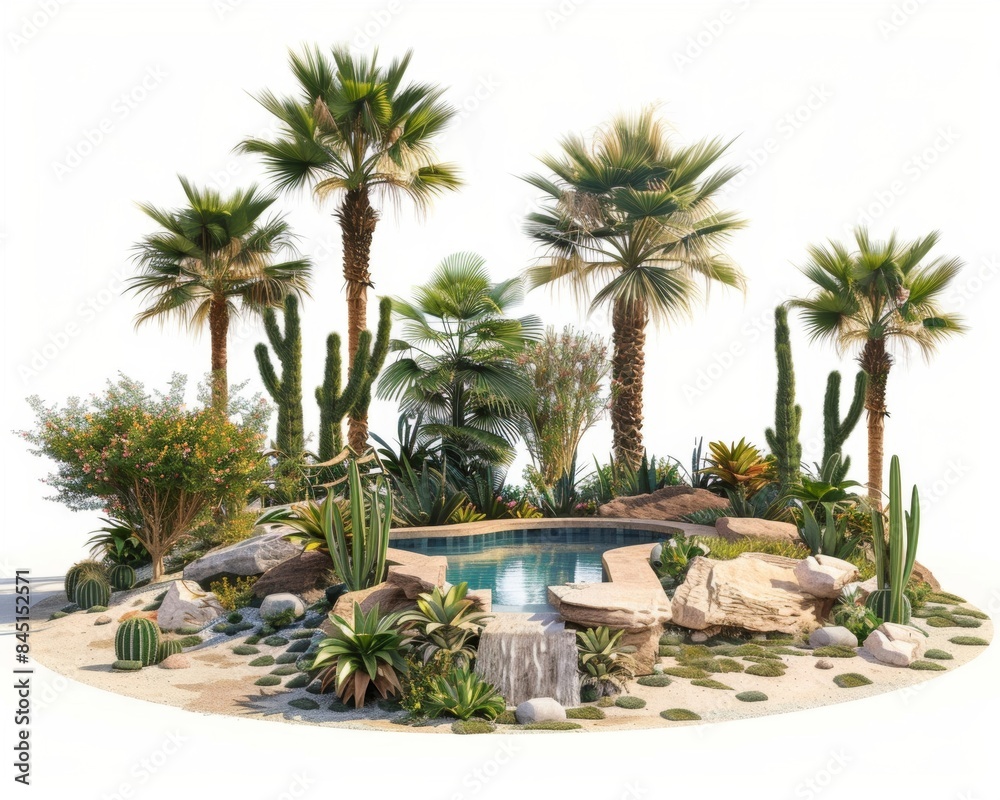 Fototapeta premium Explore a serene desert oasis garden with lush date palms and a tranquil pool, creating a peaceful retreat in the arid landscape