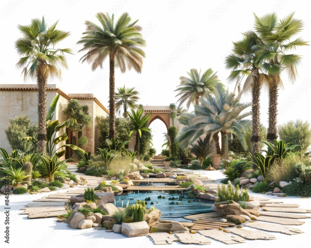 Fototapeta premium Explore a serene desert oasis garden with lush date palms and a tranquil pool, creating a peaceful retreat in the arid landscape