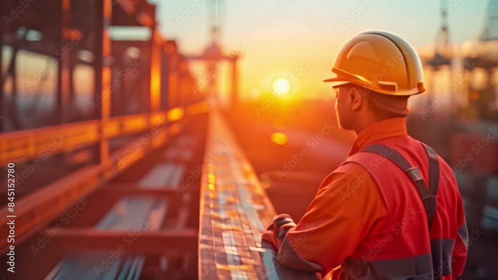 A construction worker in a safety suit and helmet carrying a long steel beam with shoulder walking on a steel frame the crane and sunlight in the morning sky is the background, Free space for text, A construction worker in a safety suit and helmet carrying a long steel beam with shoulder walking on a steel frame the crane and sunlight in the morning sky is the background, Free space for text,