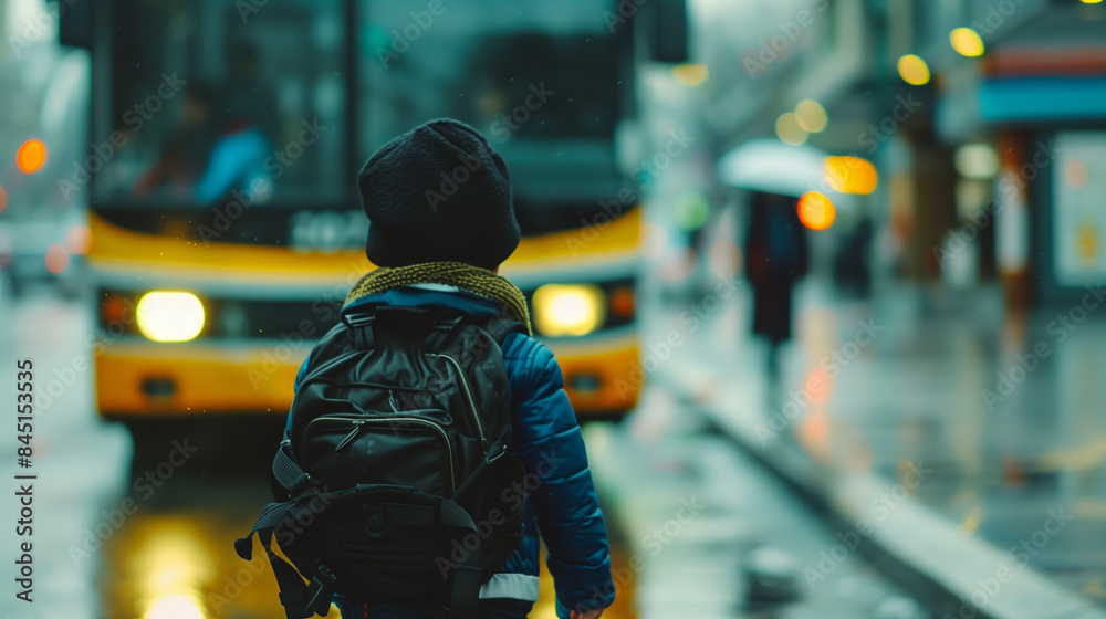 a small child goes to school wearing a black backpack while walking, the background of the bus is slightly blurry, Ai Generated Images