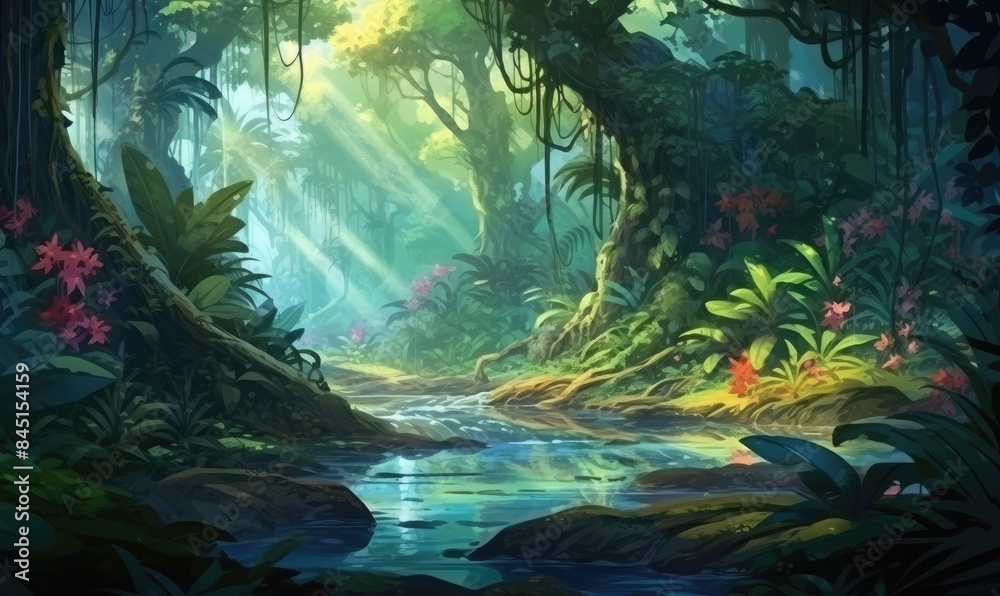 Naklejka premium Sunbeams Through a Lush Jungle