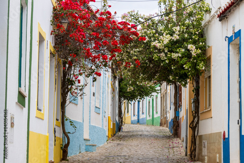 Ferragudo, Portugal. 04-20-2024.   Colorfull house with flowers at Ferragudo, Algarve, Portugal.