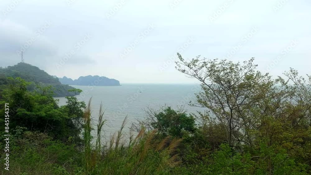 Coastline on a foggy morning. Coast and ocean views on a cloudy morning. Cat Ba Island. Ha Long Bay, Vietnam.