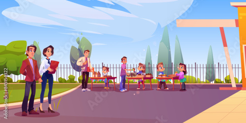 Charity trade fair in school yard. Vector cartoon illustration of happy children selling sweet snacks at festive outdoor market, fresh pastry, cookies, cakes on tables, parents and teachers smiling