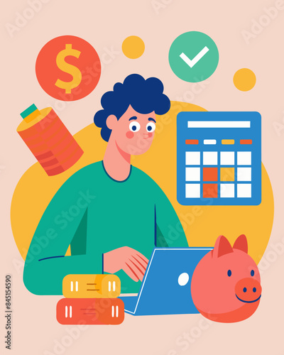 An individual calculating their monthly income and expenses determining how much they can afford to save and setting a budget plan accordingly.. Vector illustration