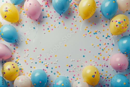 Festive Birthday Balloons with Confetti. Colorful birthday celebration background with balloons and vibrant confetti on a white backdrop.
