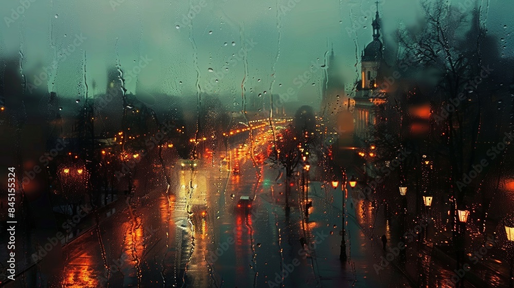 A blurred cityscape fading into the distance highlighted by the warm glow of street lamps and the soft drizzle of a late night downpour. .