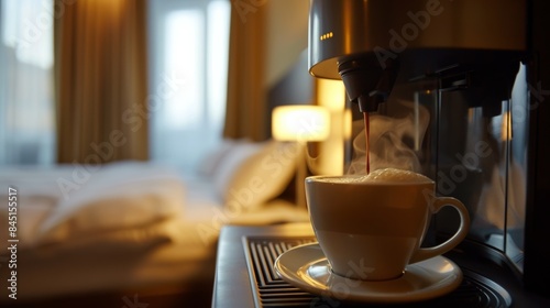 Hotel Room Coffee Moment. Warm morning light illuminates a freshly brewed cup of coffee in a hotel room, creating a cozy and inviting atmosphere.
