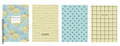 Set of cover page templates with hand drawn shells, sands and waves. Based on seamless patterns. Backgrounds for notebooks, notepads, diaries. Headers isolated and replaceable