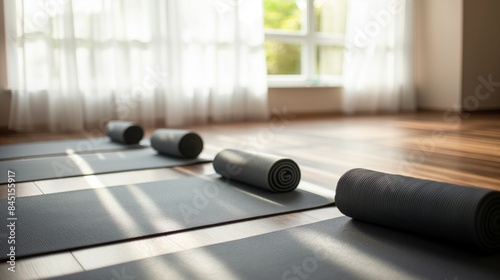 yoga room with yoga mats in the morning