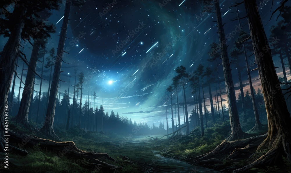 Obraz premium Nighttime Forest with a Celestial Display