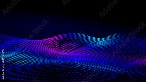 Dots wave particles glowing on dark background, perspective abstract digital background