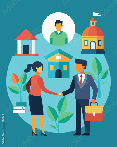 In partnership with local businesses the government provided free job training and placement services to individuals who lost their jobs due to the economic crisis.. Vector illustration