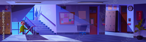 Little kid boy in Santa Claus hat climb stairs in dark empty school corridor at night with moonlight from window. Cartoon vector dusk scene of college hallway interior with classroom doors and lockers