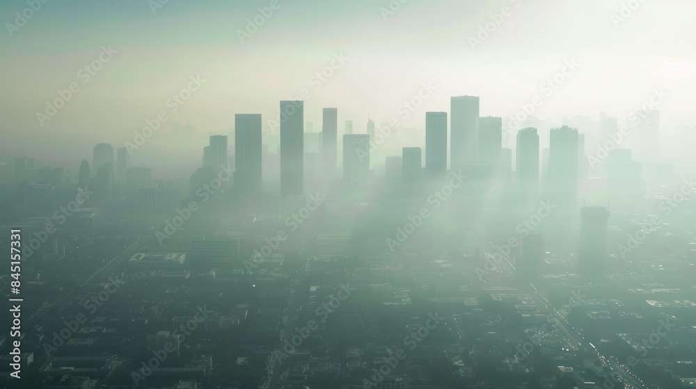 Smoggy Cityscape: Capture a panoramic view of a city skyline shrouded in thick smog, with tall buildings partially obscured by the polluted air. 