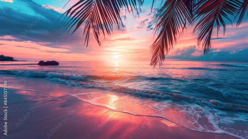 Panoramic sunset view of the beautiful coast, with turquoise sea next to fine sandy beaches and palm trees Panoramic sunset view of the beautiful coast, with turquoise sea next to fine sandy beaches and palm trees