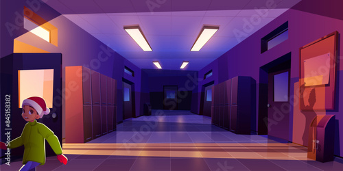 Scared kid boy in Santa Claus hat walking in dark empty school corridor with human shadow from light of open door at night. Cartoon vector dusk spooky scene in college hallway with lockers and lamps.
