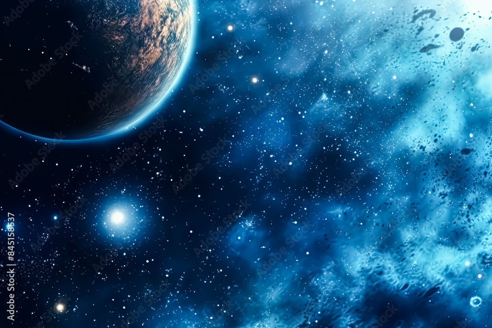 A blue and white space with two planets and a lot of rocks.