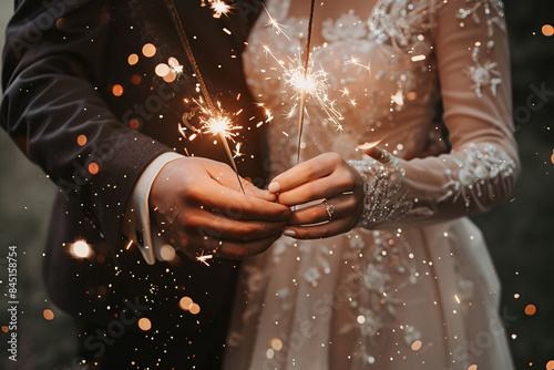 sparklers in hands of wedding couple